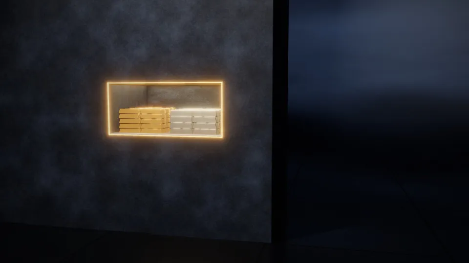 Tiefe rechteckige Nische in einer massiven Wand aus dunklem Stein, darin gestapelte Gold- und Silberbarren, die Nischenkante als goldene Lichtlinie
