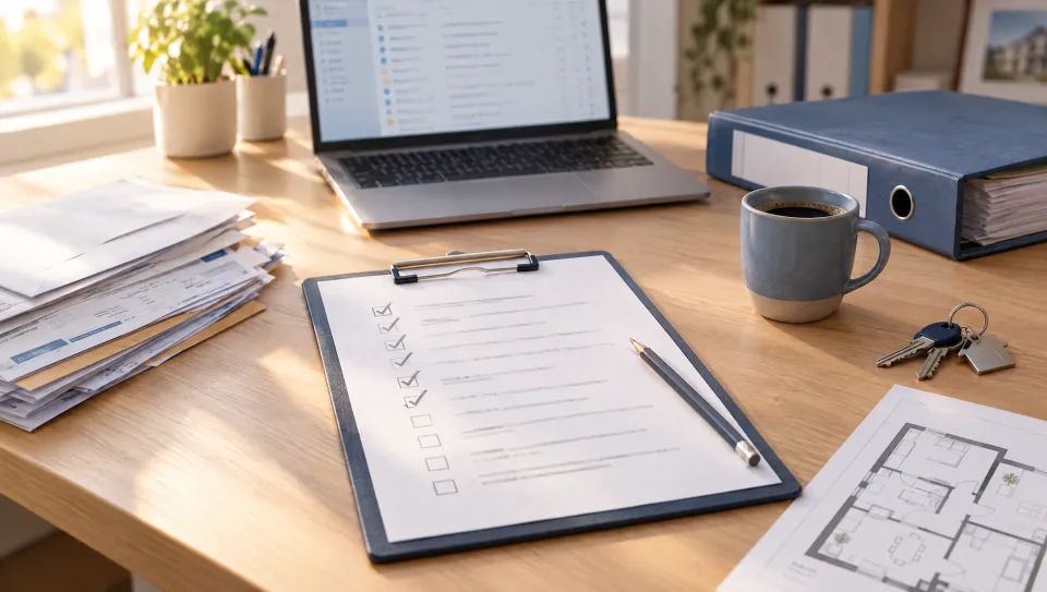 Schreibtisch in einem Immobilienbüro: Checkliste auf einem Klemmbrett, daneben Laptop mit Posteingang, Stapel mit Briefen und Rechnungen, Aktenordner, Hausschlüssel und Grundriss.