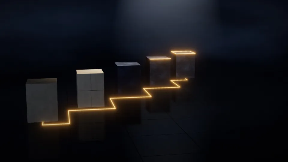 Fünf gleich große Quader von hellem Beton bis dunkelblauem Stein, diagonal gestaffelt; eine goldene Lichtlinie läuft in Stufen durch die Bodenfugen zurück.