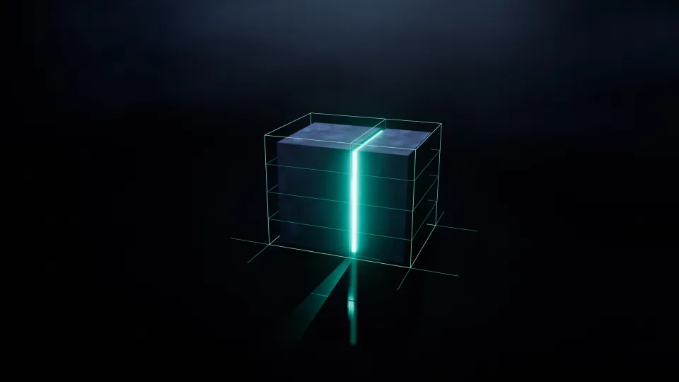 Dunkelblauer Steinblock mit schmalem Spalt, aus dem cyanfarbenes Licht über Oberseite, Stirn und Boden dringt, umgeben von feinen cyanfarbenen Linien.