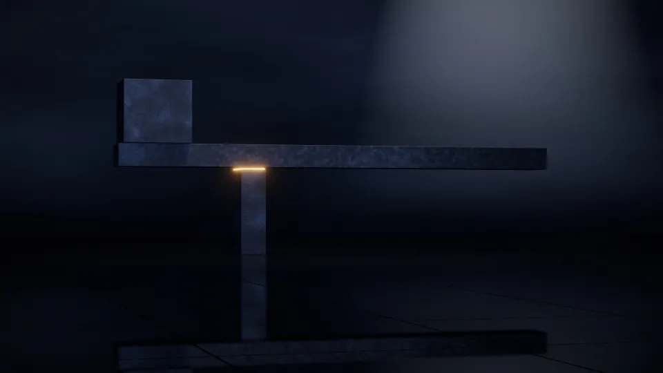 Langer Steinbalken auf schmalem Pfeiler, am kurzen Ende ein schwerer Steinblock; das lange Ende ragt frei in den Raum, am Auflager eine goldene Lichtfuge.